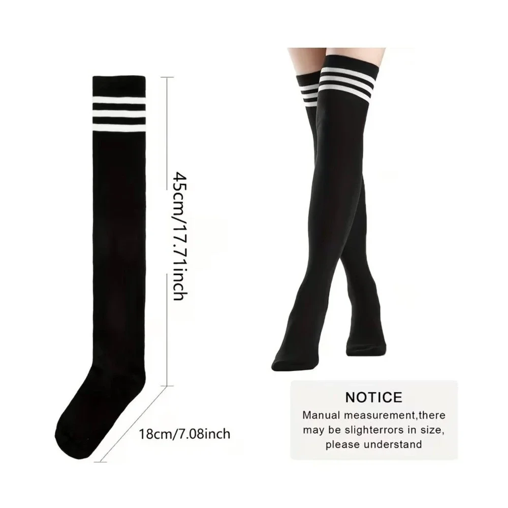 Black with 3 White Stripes Over the Knee Thigh High Socks ONE SIZE Emo NEW